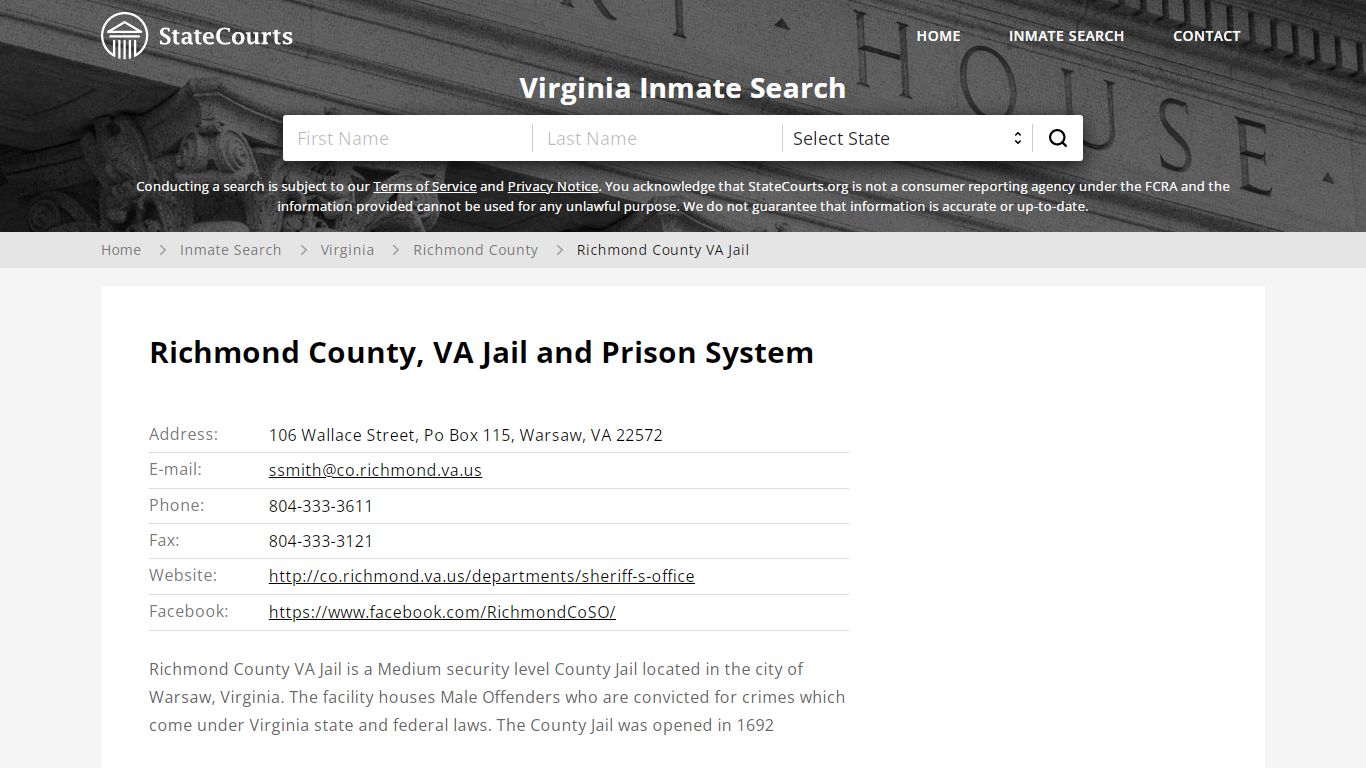 Richmond County VA Jail Inmate Records Search, Virginia - StateCourts
